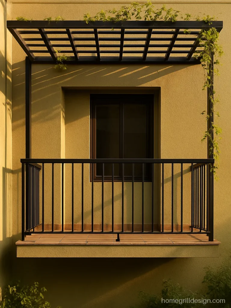 1st floor balcony design with MS pergola top and flat bar railing