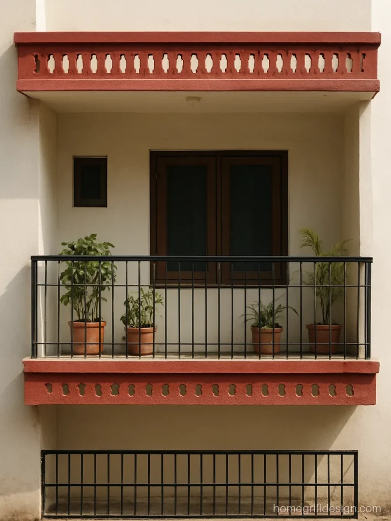 Balcony ki design with red jali chajja and black railing for a small house