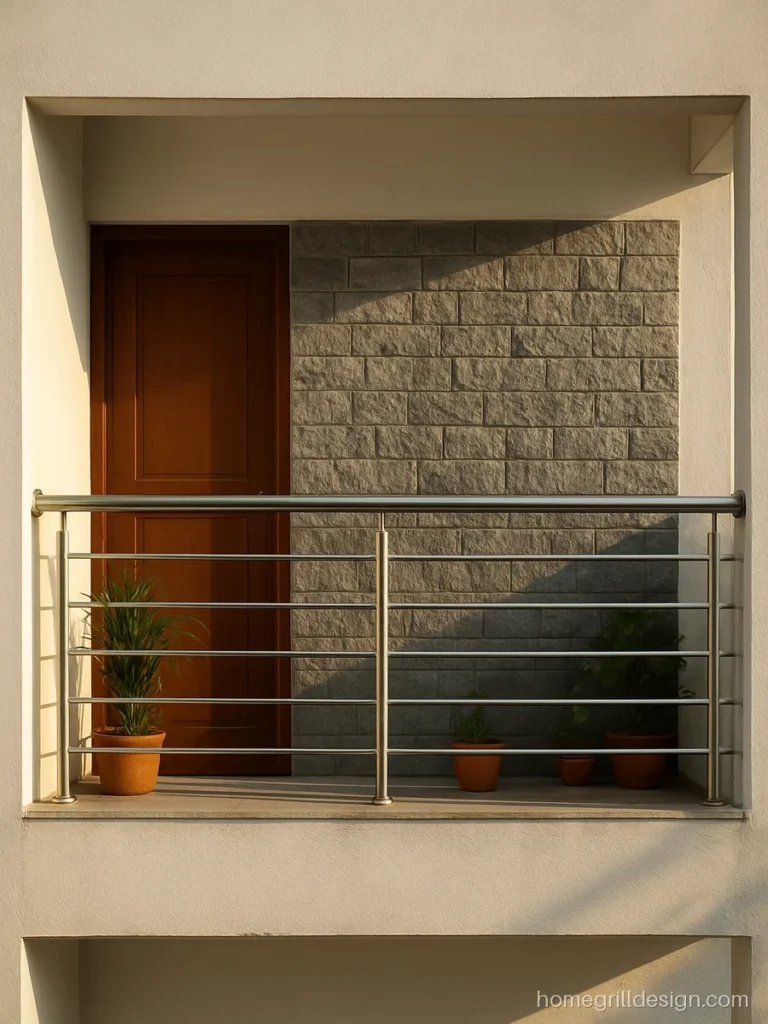 Balcony wall design with grey stone cladding and SS railing