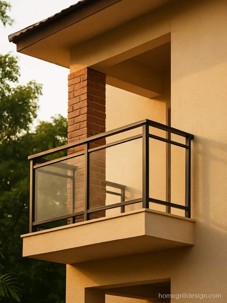 Corner house balcony design with brick pillar and timber look railing