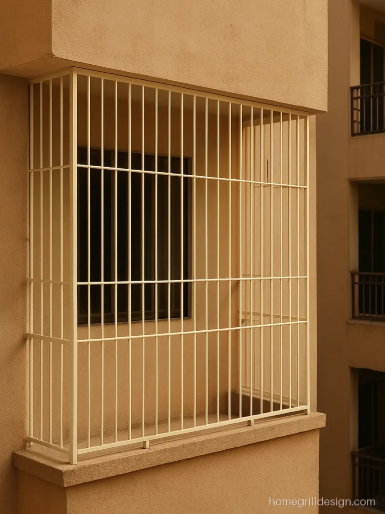 Flat balcony design covered with full height cream grill