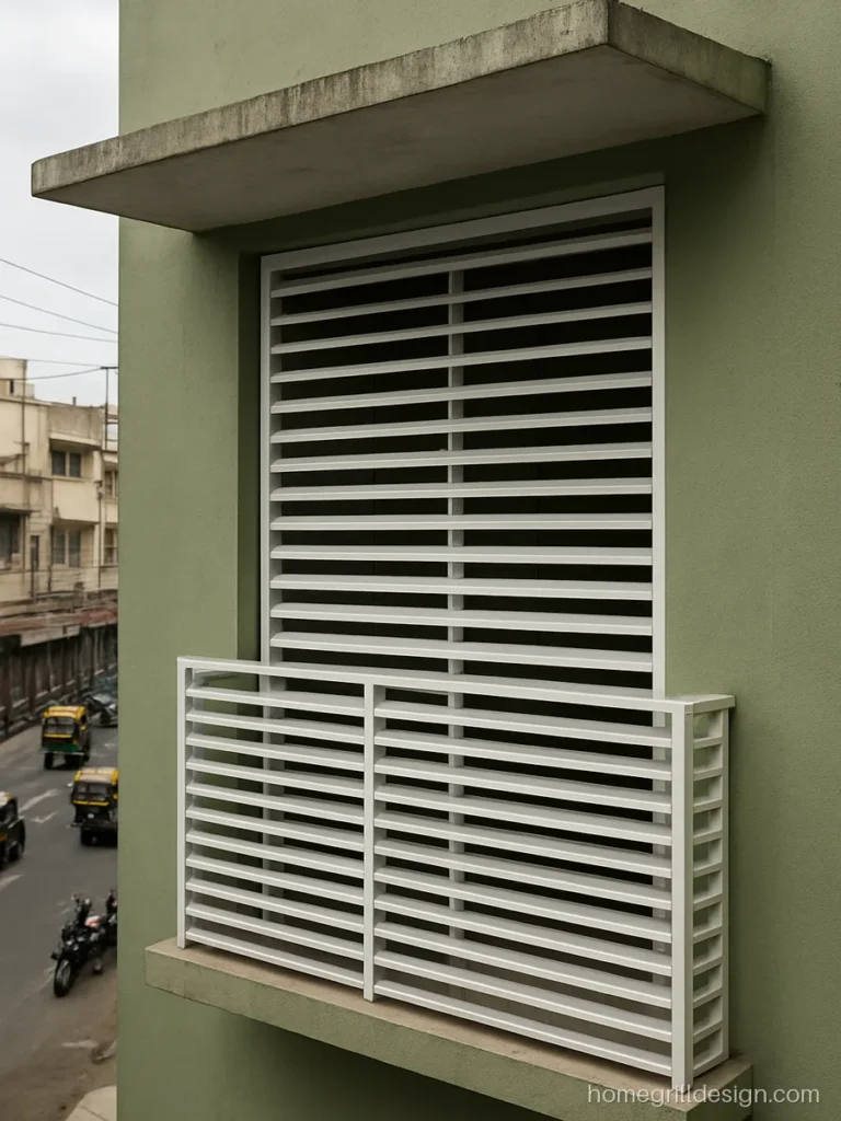 Covered balcony with aluminium louvre grill and green wall paint