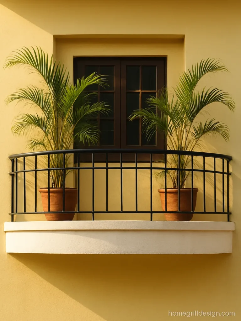 Curved front balcony with white plastered band and black MS railing