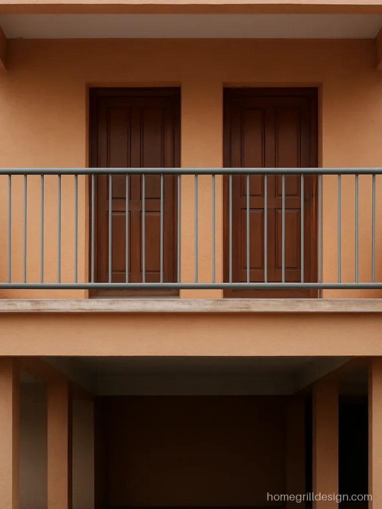 Simple first floor front balcony design over the car porch with twin doors