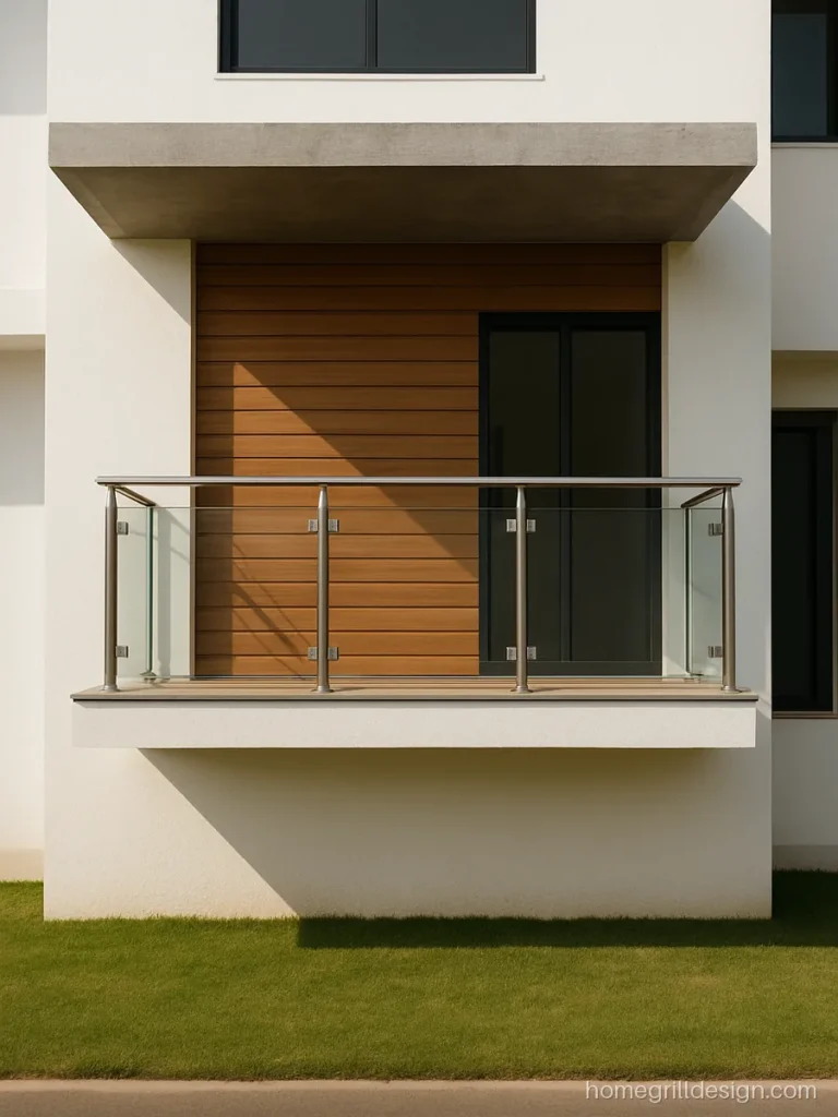 Front balcony design with cantilever slab, wood cladding and glass railing
