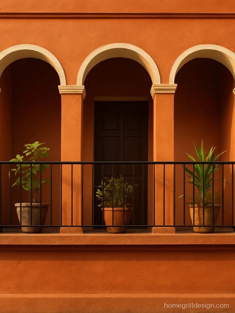 Home front balcony design with arched openings and terracotta wall