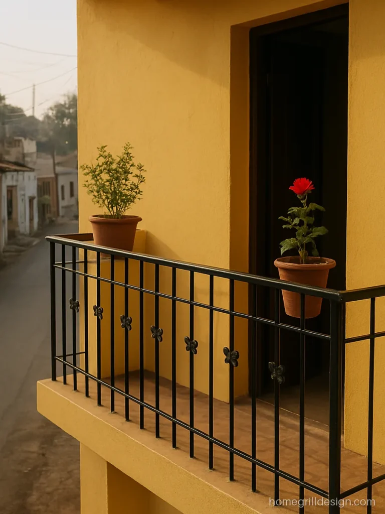 Open home balcony design with yellow wall and MS flower pattern railing