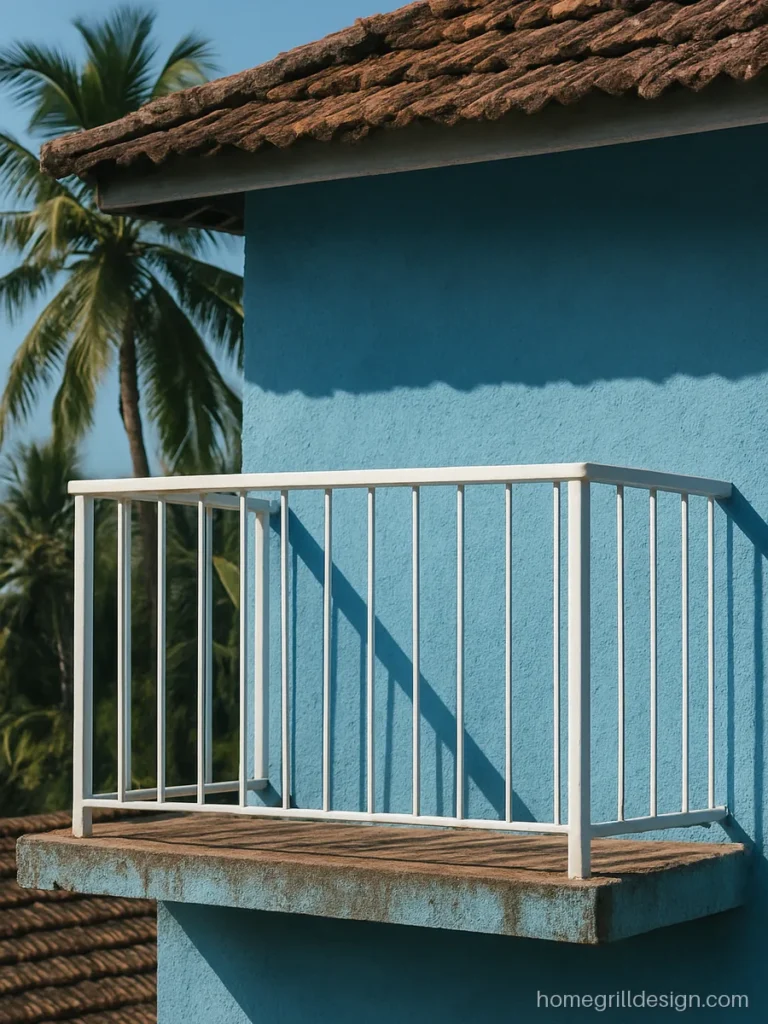 House balcony design outside with blue texture paint and white grill