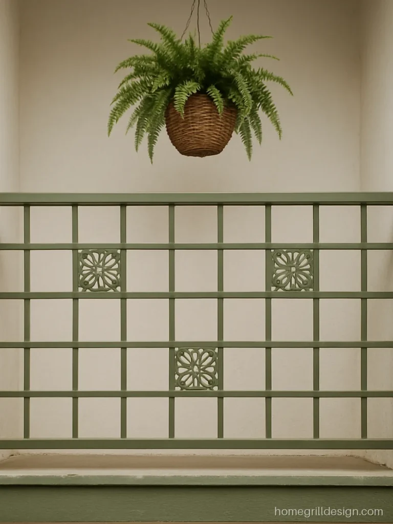 Box grill design for balcony with small flower motifs in olive green
