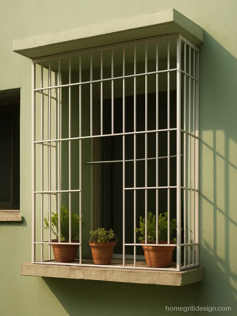 Box grill design for balcony in white with projecting frame and clothes rod