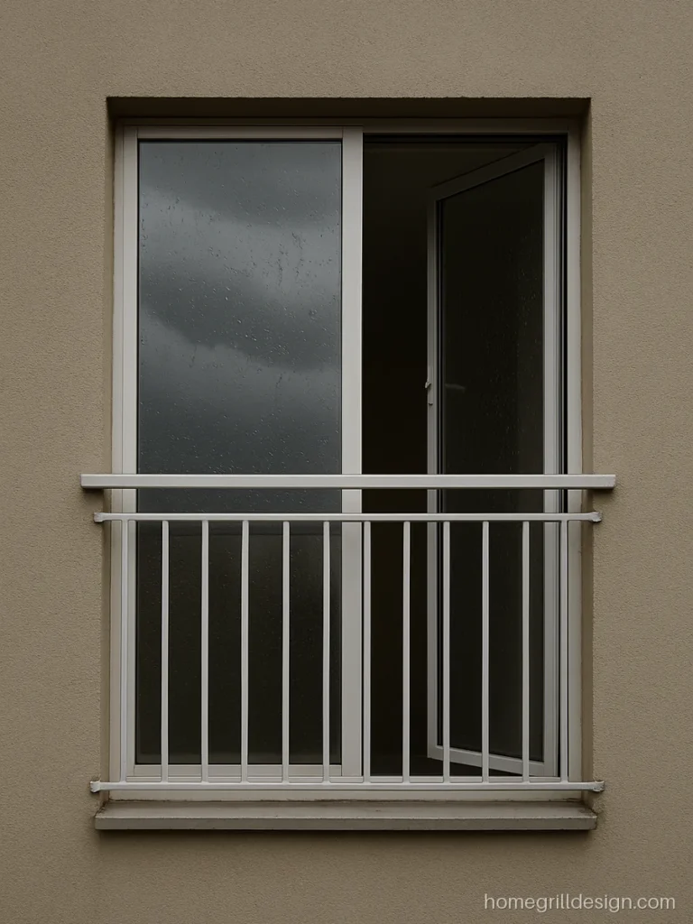 Closed balcony grill design with lower grill and upper fixed glass