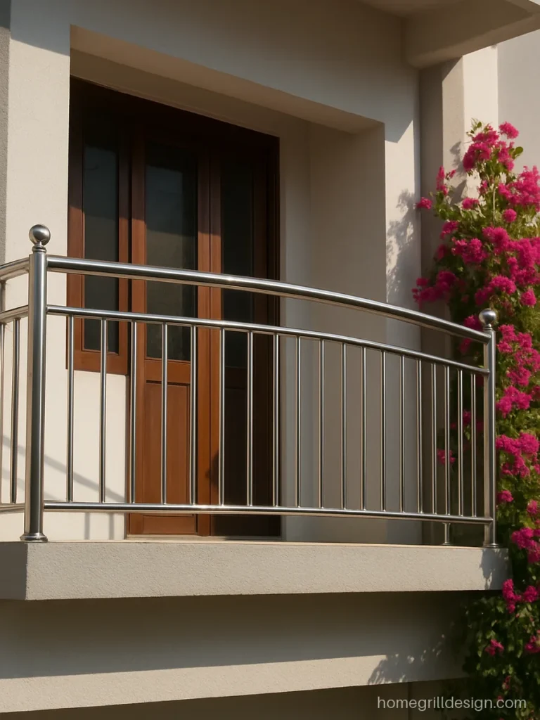 Front balcony steel grill design with mirror SS and curved top rail