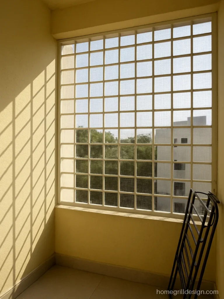 Full cover balcony grill in white square grid with pigeon mesh behind