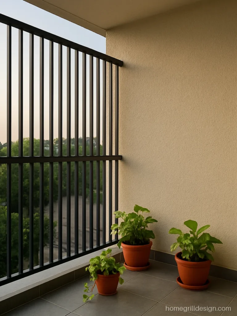 Modern grill design for balcony full cover in charcoal flat bars on a flat