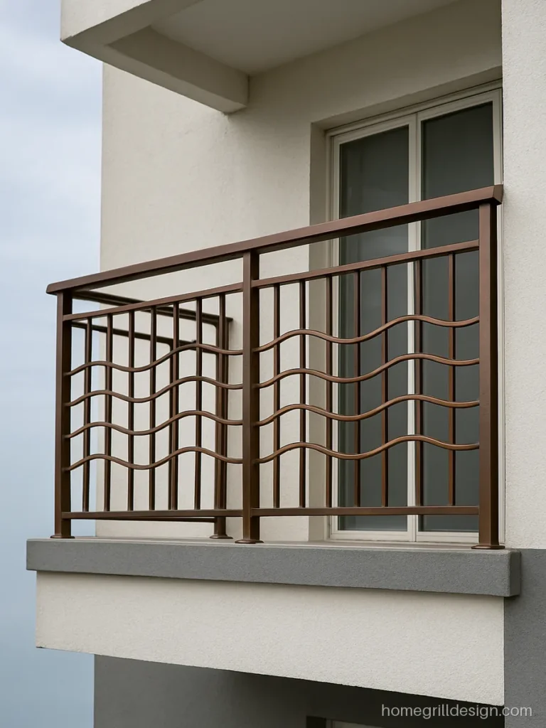 Modern full cover balcony grill with wave pattern in bronze powder coat