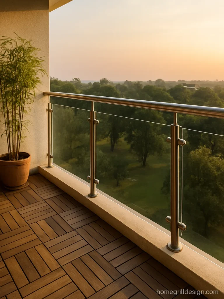 Glass grill for balcony with toughened glass between satin SS posts