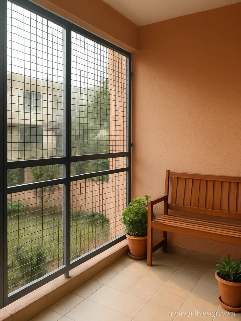 House balcony safety grill design with welded mesh panels in graphite