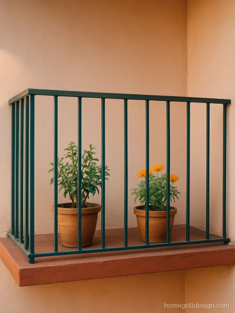Simple iron grill design for balcony with plain vertical bars in green