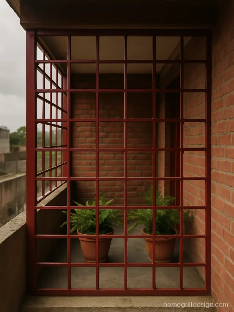 Box grill for balcony made of square pipes in maroon with large grid
