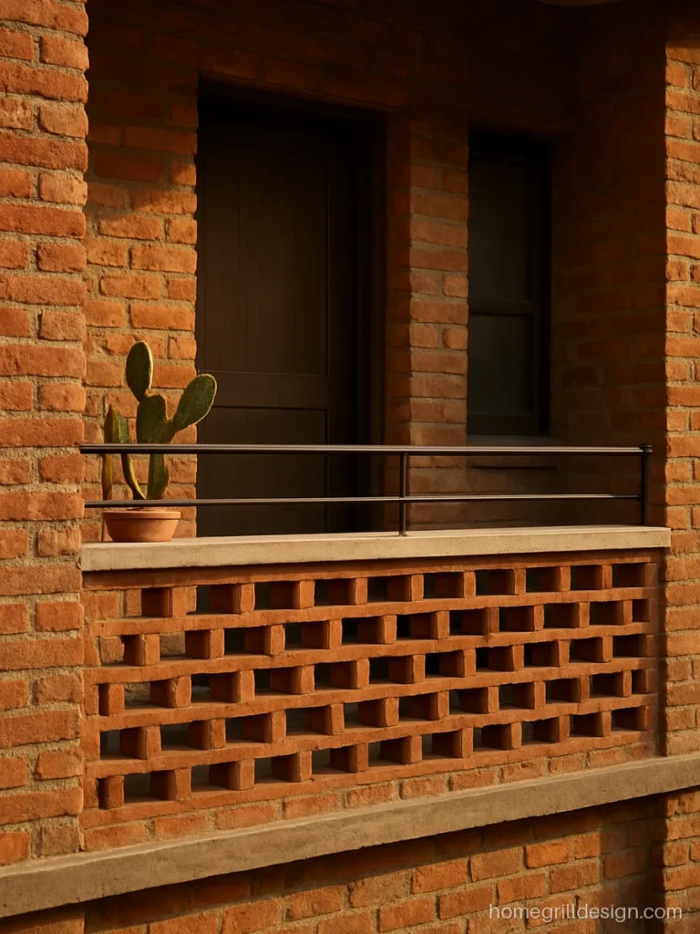 Balcony railing design with bricks in an open jali pattern