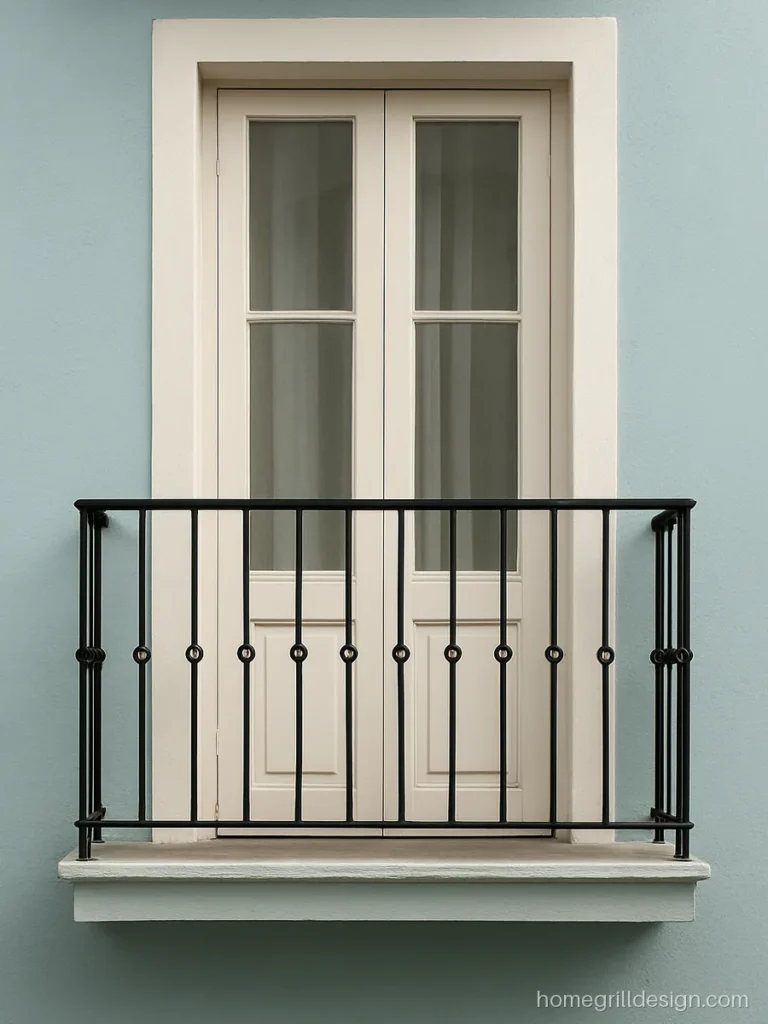 Faux balcony railing in black MS across a tall French window
