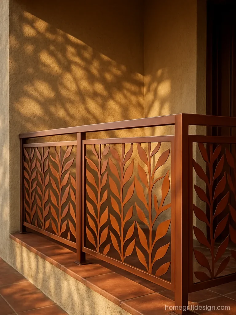 Laser cut balcony railing panel with leaf pattern in copper finish