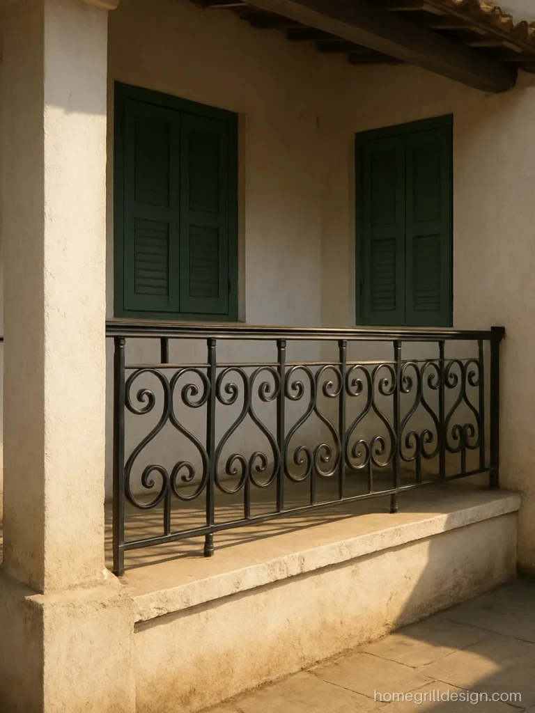 Decorative balcony railing in black MS with cast iron style scrolls