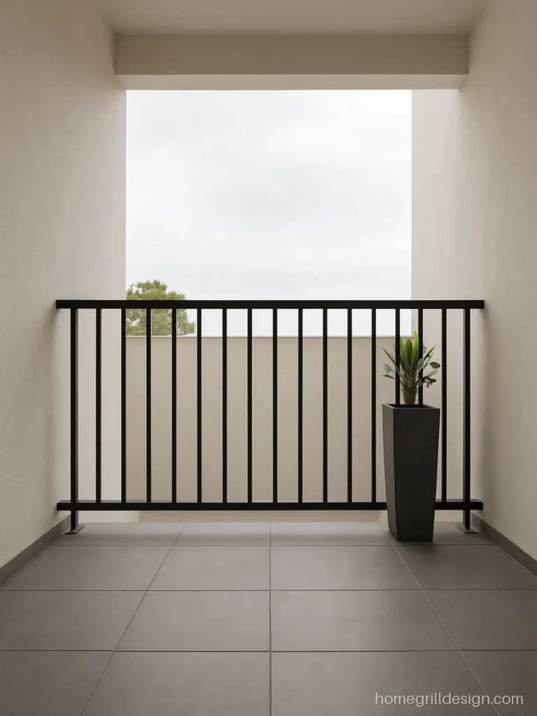 Black matt steel railing design for home balcony with flat bar verticals