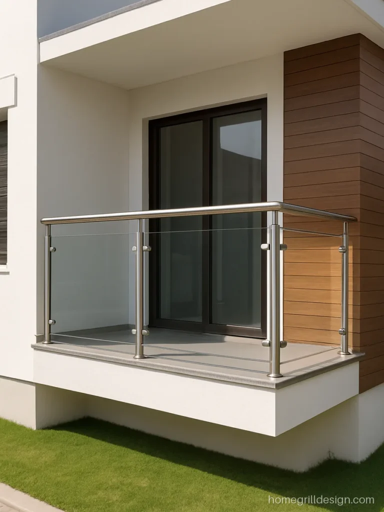 Front balcony steel railing design with toughened glass and satin SS handrail