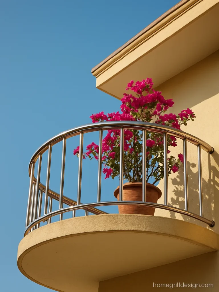Modern steel balcony railing with mirror SS balusters on a curved slab