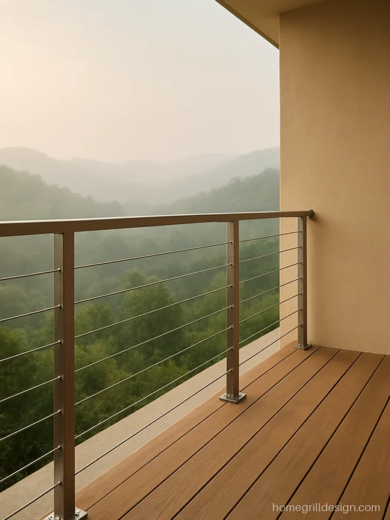 Wire balcony railing with steel cables on a hill view house