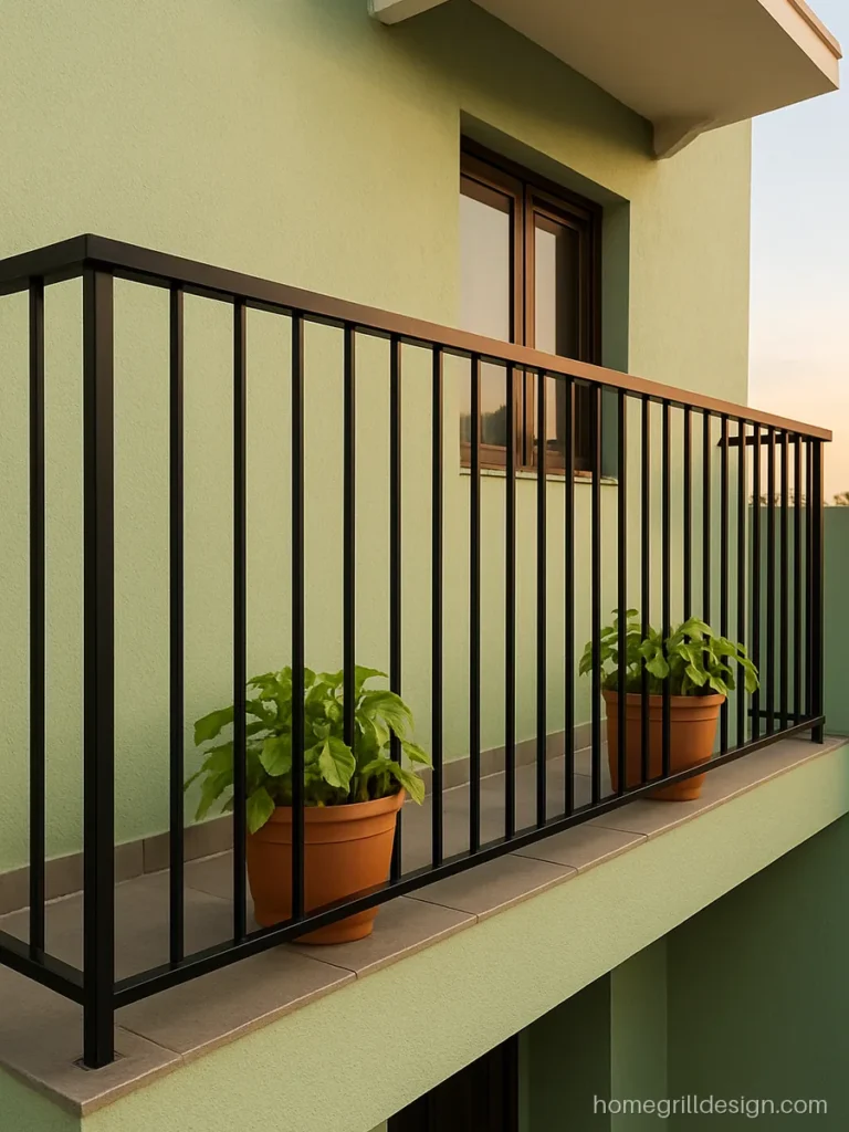 Black balcony grill colour against a pastel green wall on an upper floor