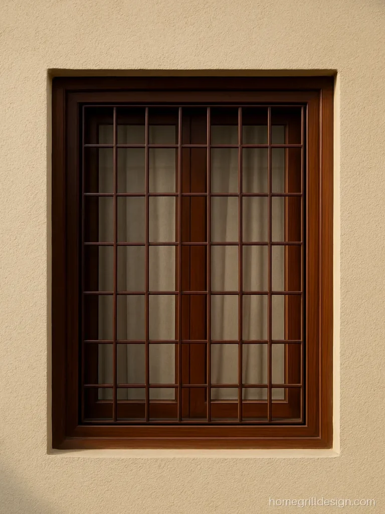 Chocolate brown grill colour on a cream wall with teak window frames