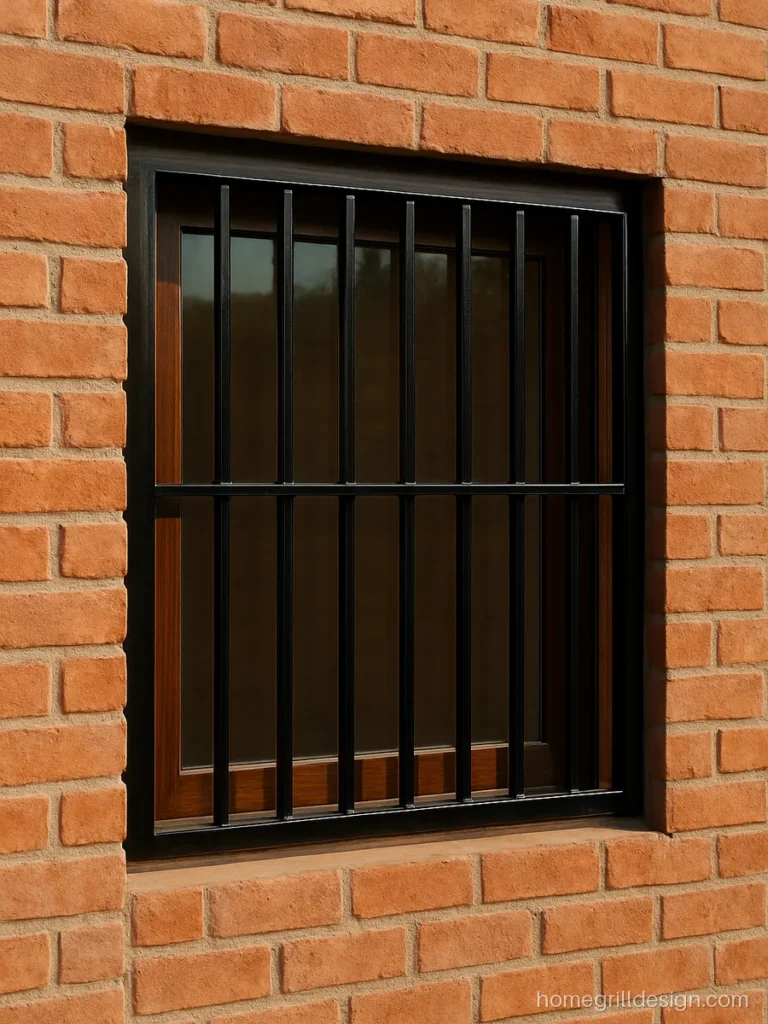 Gloss black grill on vertical flat strips against an exposed red brick house wall