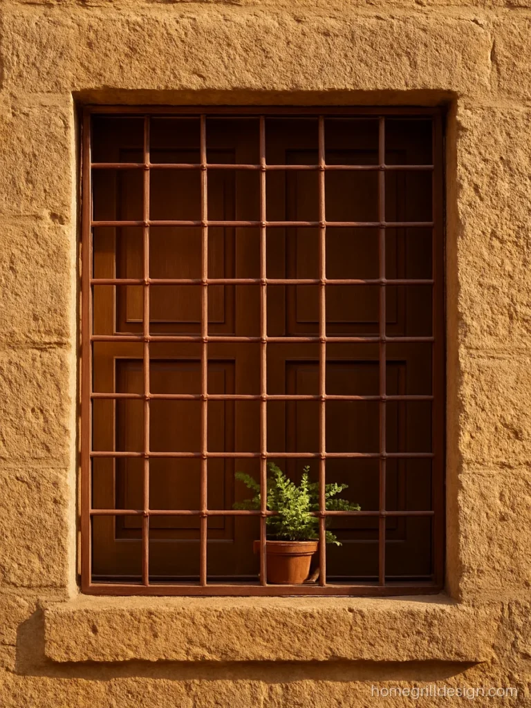 Rust brown grill with a copper tint on a stone courtyard window