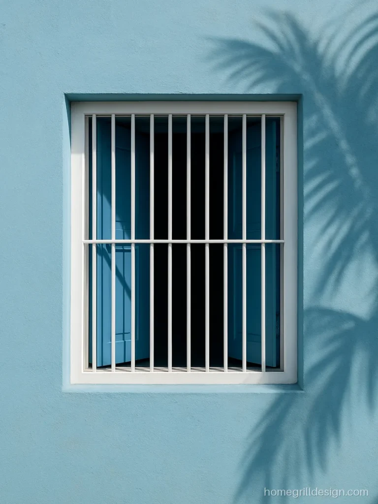 White grill colour on round bars against a sky blue wall of a coastal home
