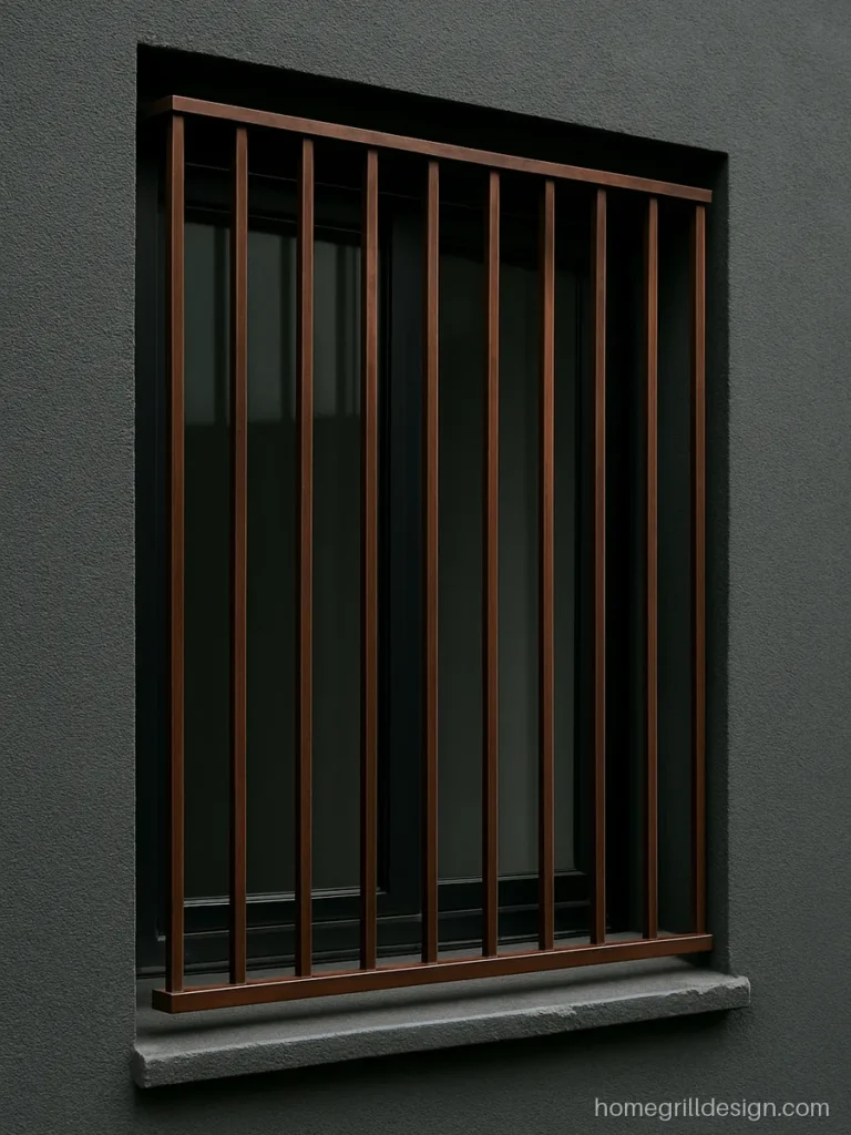 Wood grain finish aluminium grill on a modern flat window with a grey wall