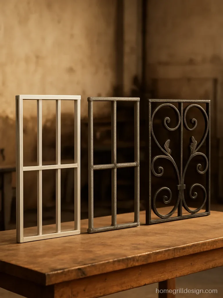 Aluminium, GI and wrought iron style grill samples laid out for comparison