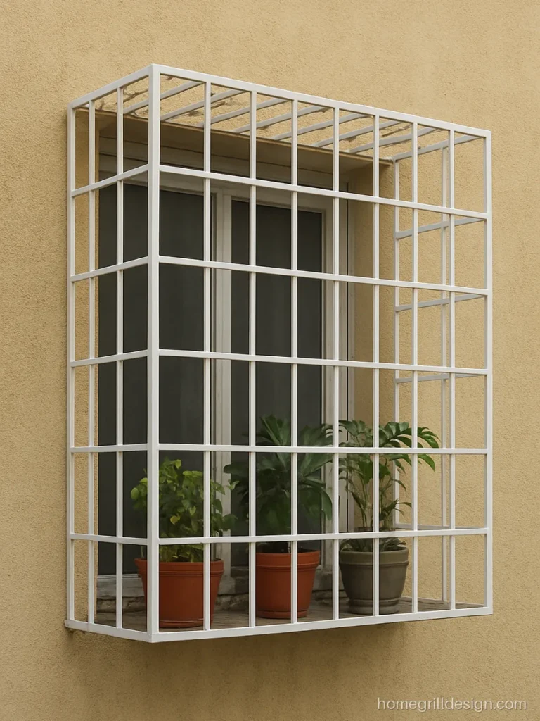 Box type window grill projecting from the wall of an Indian apartment