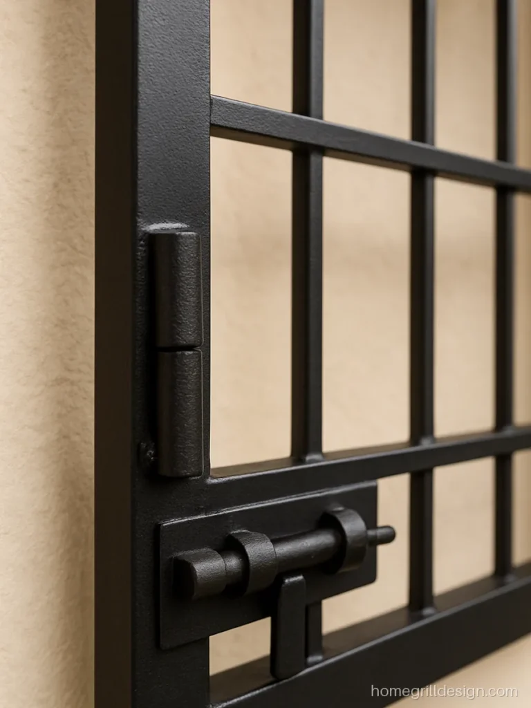 Close-up of a heavy pin hinge and tower bolt on an openable window grill