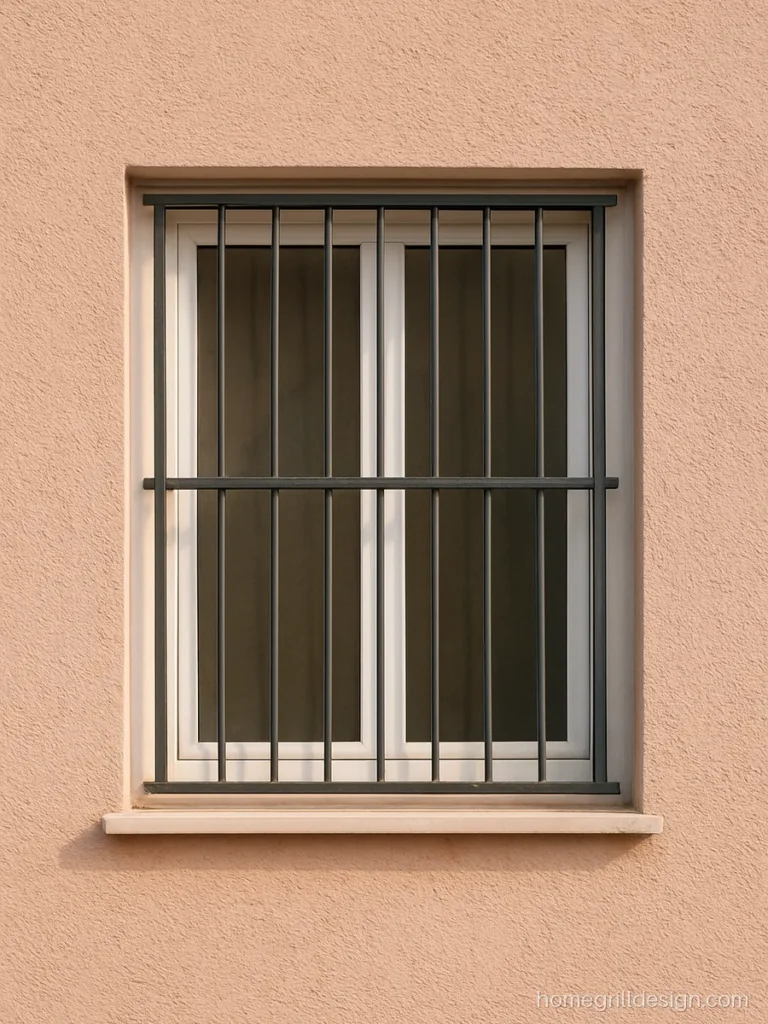Fixed window grill of square bars fitted outside a ground floor bedroom window