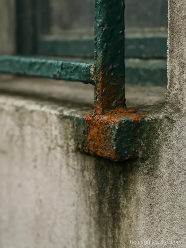 Close-up of grill rust near the wall fixing of an old window grill