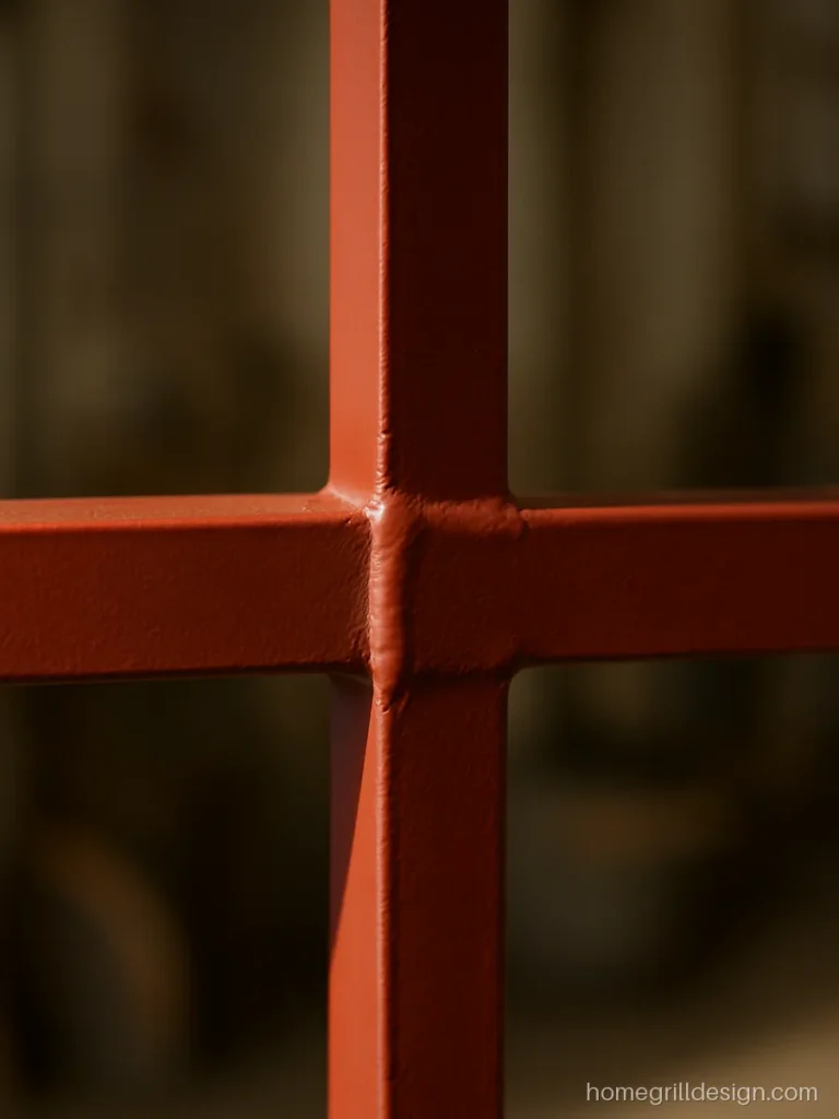 Close-up of a ground smooth weld joint on a grill with red oxide primer