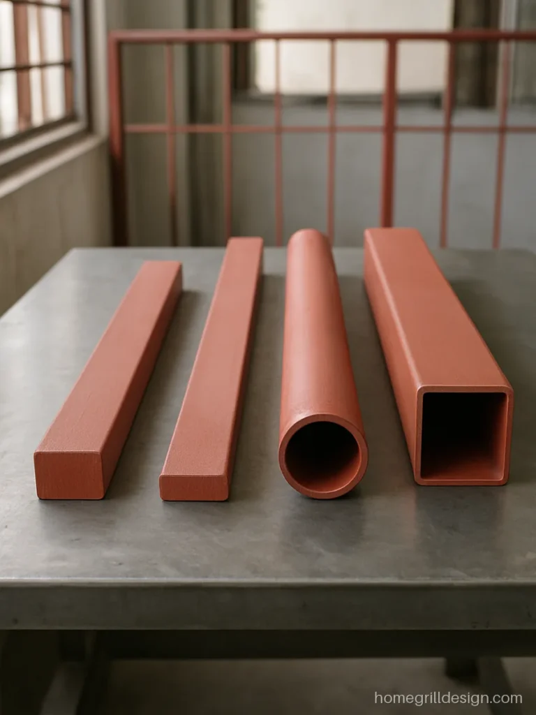 Grill material samples of MS square bar, flat strip and pipe on a workshop table