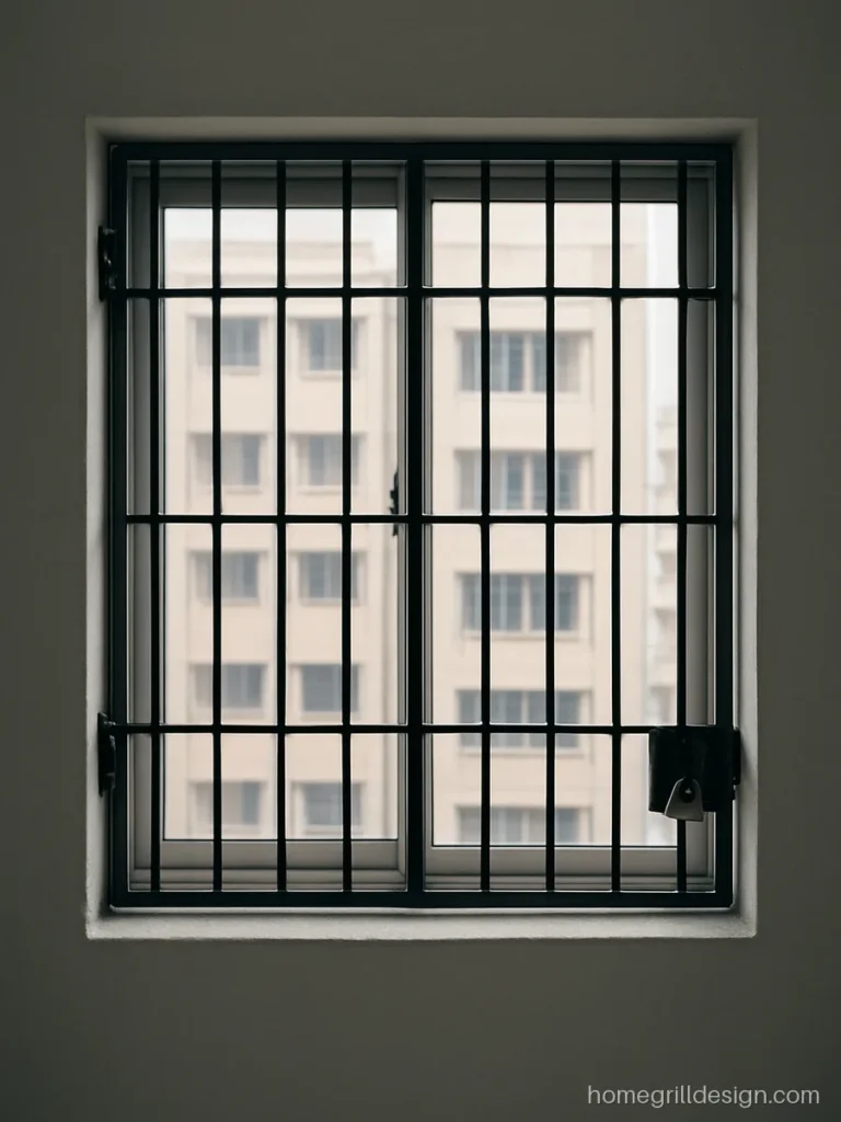 Openable window grill with a hinged shutter and lock for emergency exit in a flat