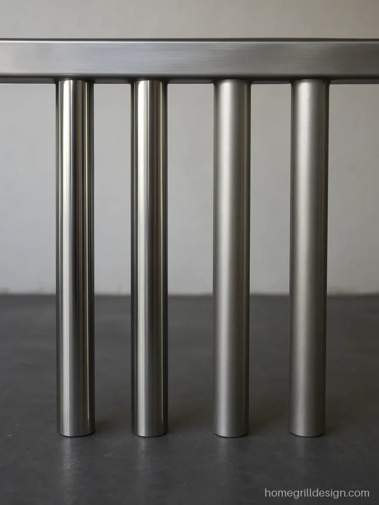 Close-up of stainless steel grill pipe samples in mirror and satin finish