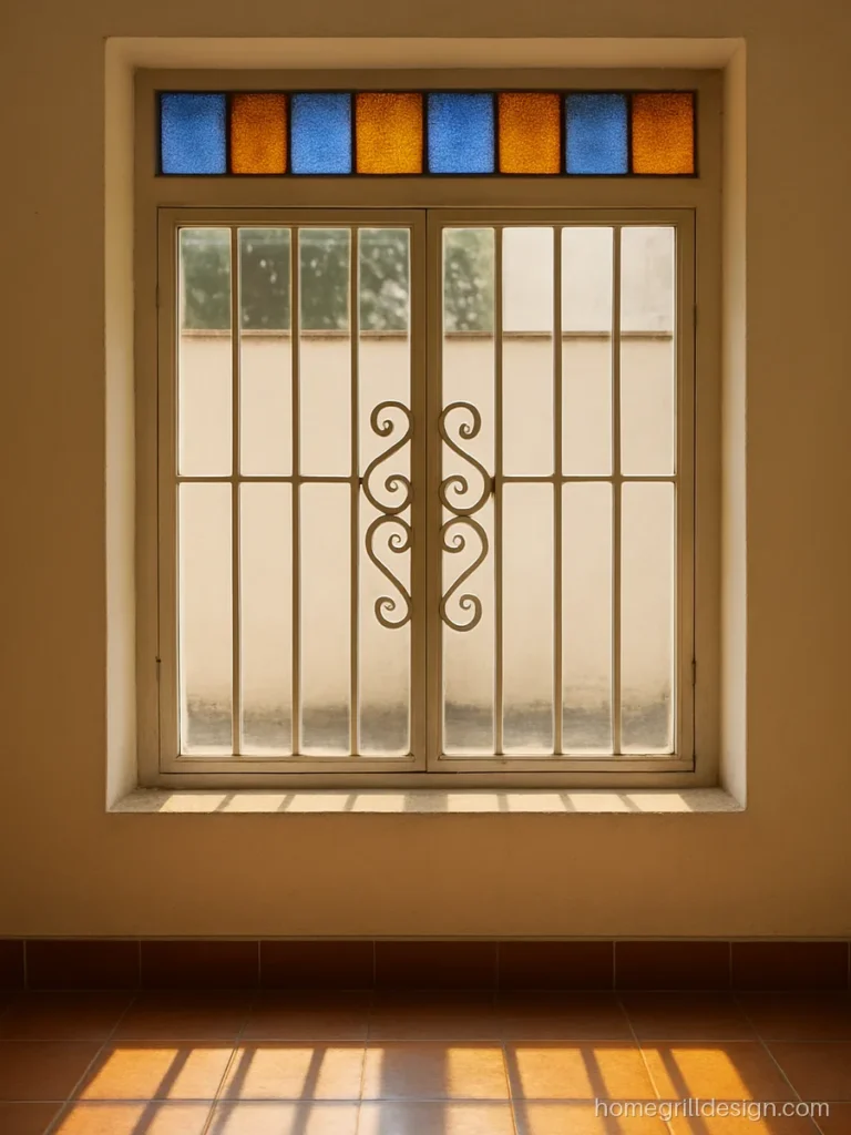Coloured window glass design with a band of blue and amber panels in a hall