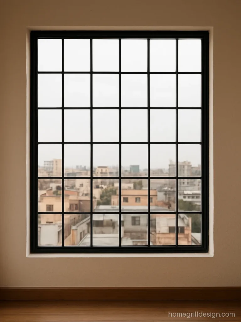 Khidki glass design with black steel grid frames and clear glass panes