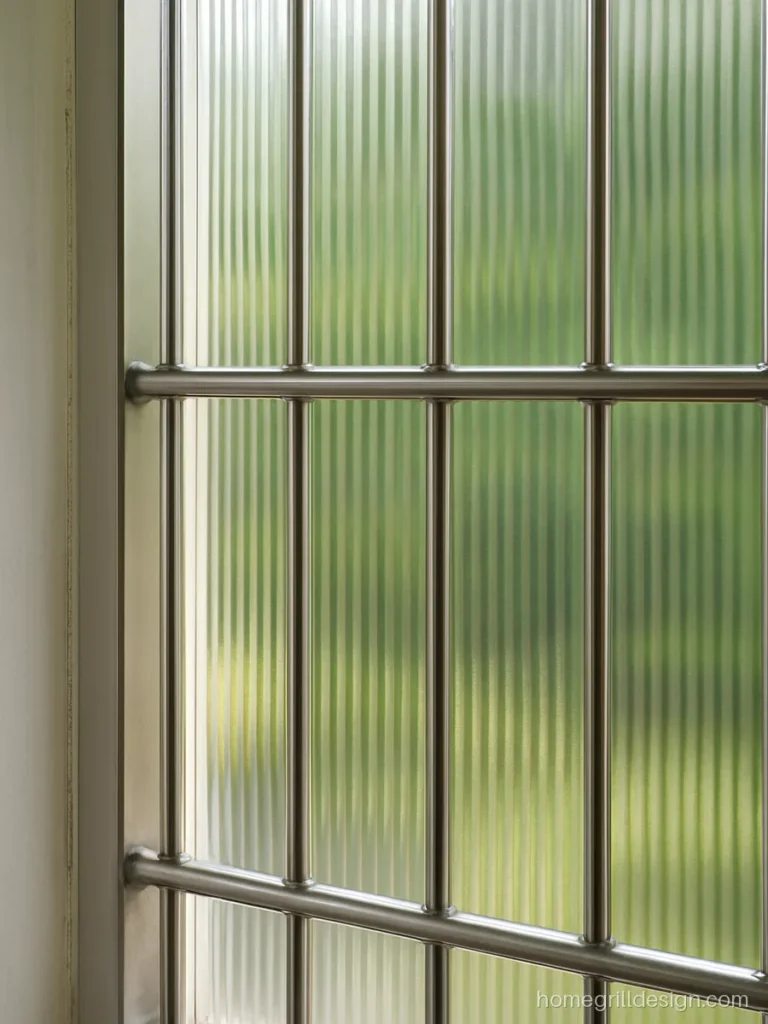 Close up of fluted glass behind stainless steel grill bars showing the ridges