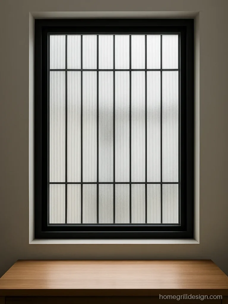 Fluted window glass in a slim black frame with a matching grill in a study